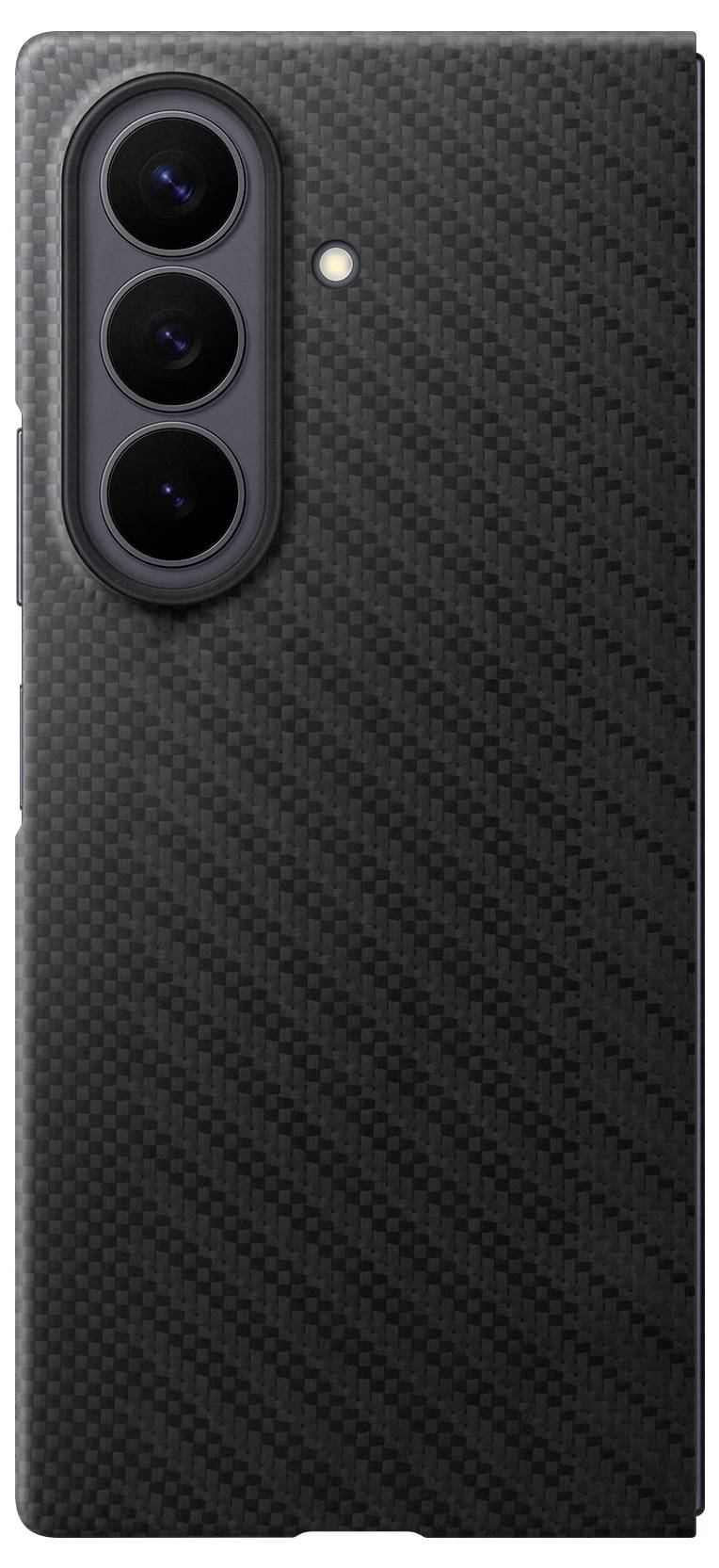 Zwart koolstofvezel smartphonehoesje met drievoudig achteraan cameragat en flitsopening
