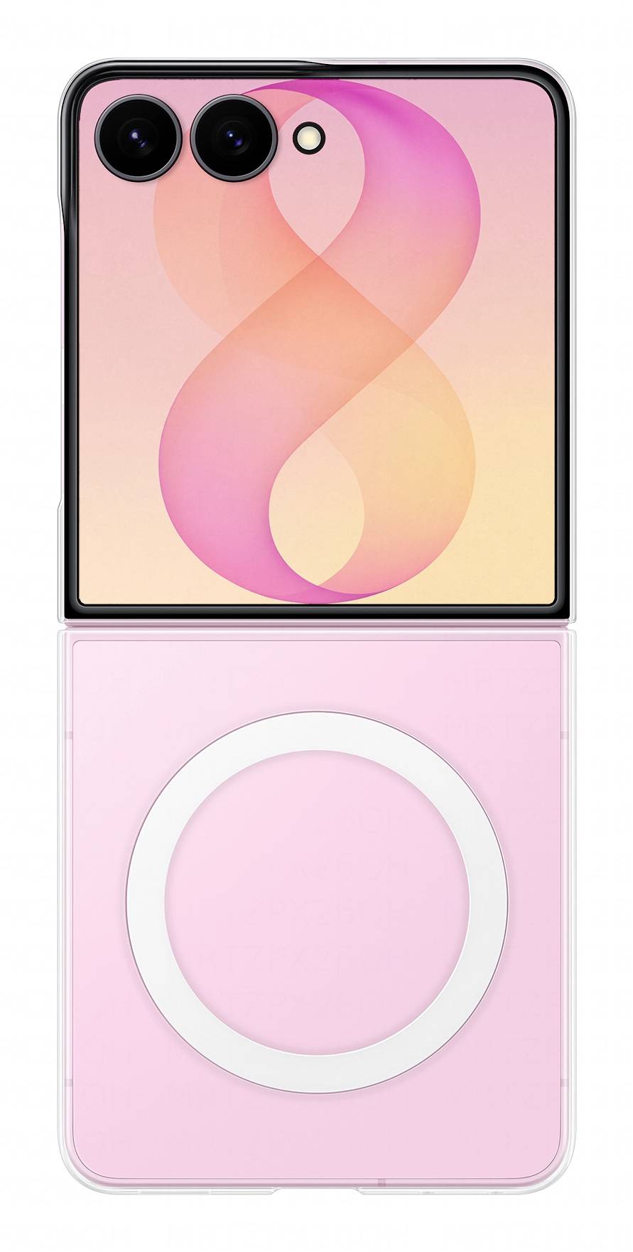 Voor- en achteraanzicht van een roze opvouwbare smartphone met dubbele achteruitkijkcamera's en een grote ronde ring aan de achterkant.