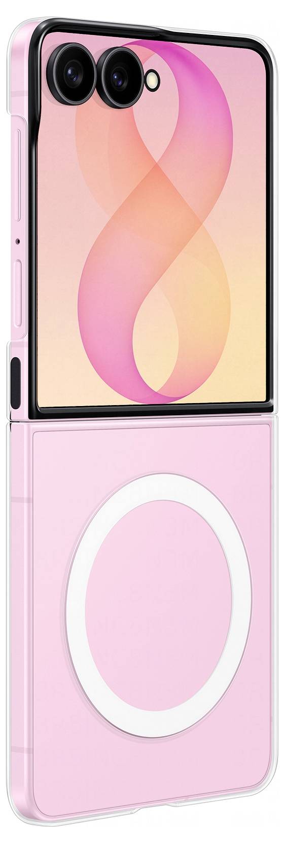 Opvouwbare roze smartphone weergegeven in geopende positie, met dubbele achteracamera's op de bovenste helft en een groot circulair draadloos laadkussen op de onderste helft.