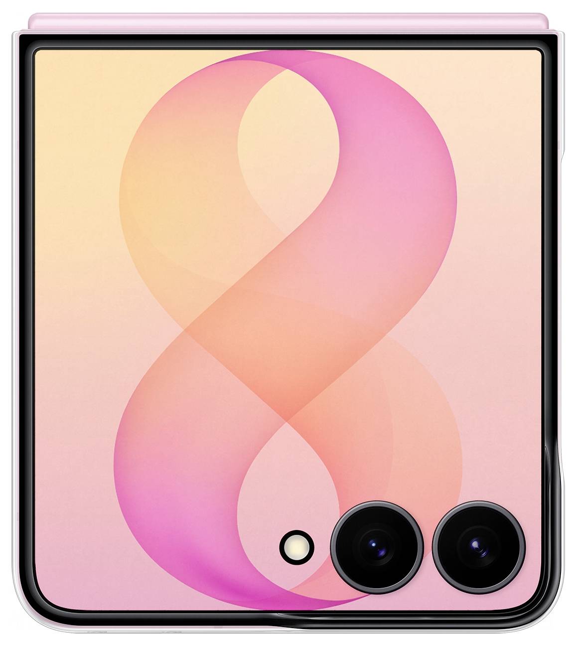 Opvouwbare smartphone uitgeklikt met een roze verloopscherm en een groot '8' achtergrond, met dubbele achterraamcamera's en een flitser.