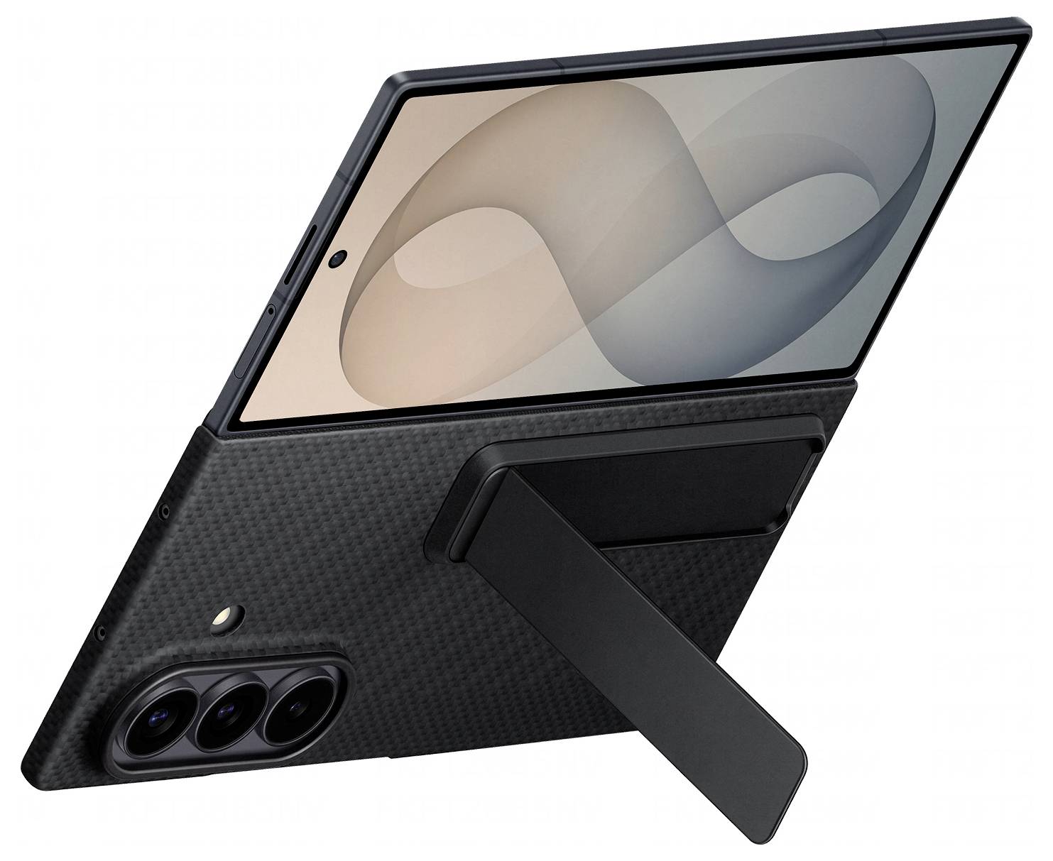 Zwarte smartphone in een kickstandhoesje, open gezet onder een hoek, met het scherm en driedubbele achteracamera's zichtbaar.