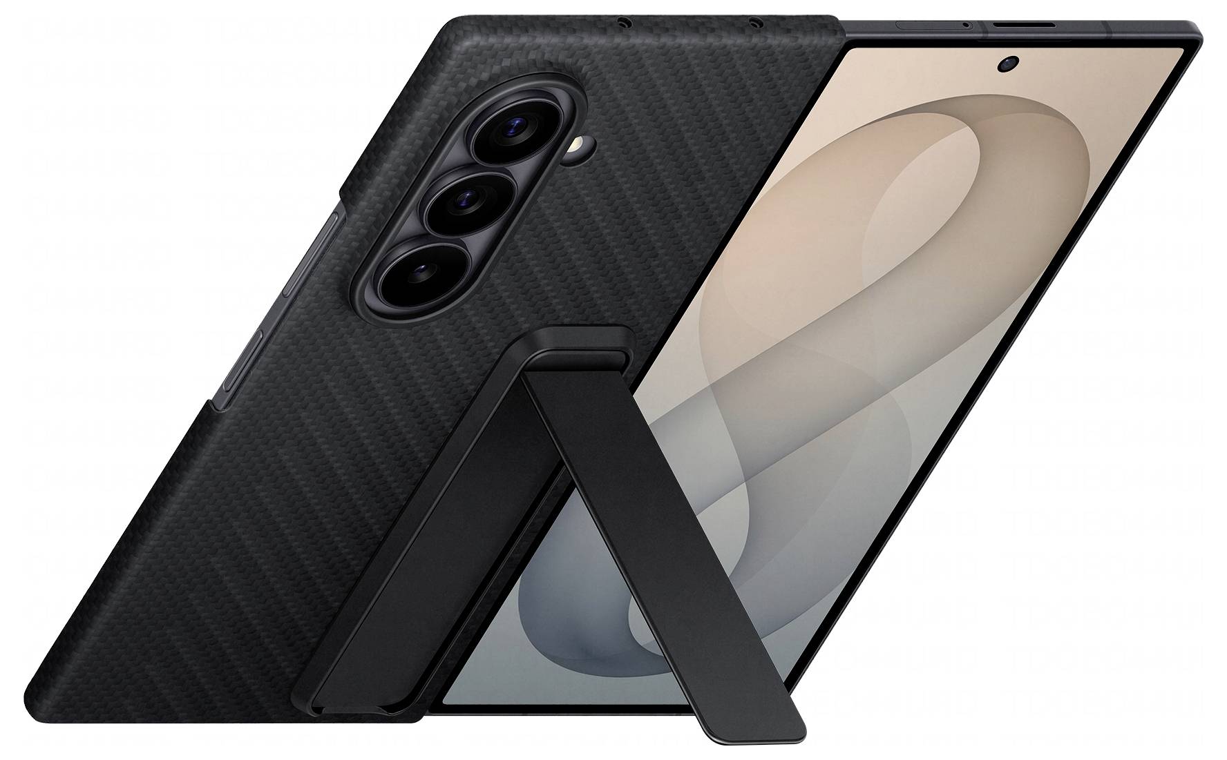 Zwarte opvouwbare smartphone gedeeltelijk open op een standaard, met het frontscherm en drievoudige achterramen zichtbaar.