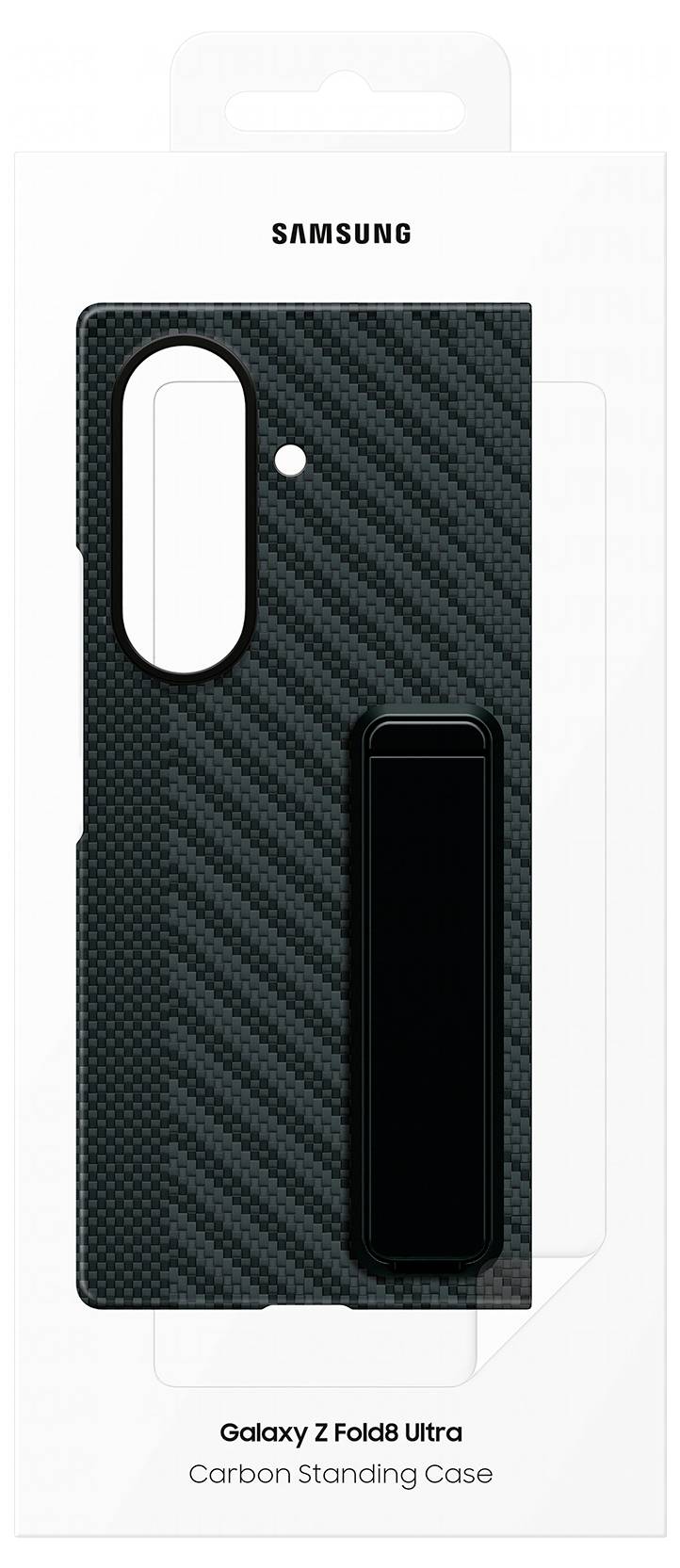 Samsung Galaxy Z Fold8 Ultra koolstofstaande hoesje met verticale standaard uitsparing, weergegeven op producterverpakking.