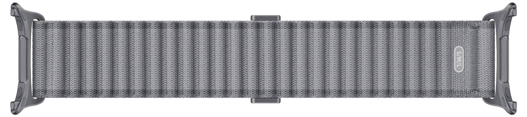 Grijs geribd smartwatch-bandje met metalen connectoren en gesp-uiteinden, horizontaal weergegeven op een witte achtergrond.