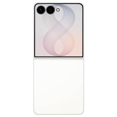 Opvouwbare smartphone weergegeven in geopende positie, met een pastelkleurig abstract coverscherm, dubbele achteracamera's en een groot leeg binnenscherm onder de scharnier.