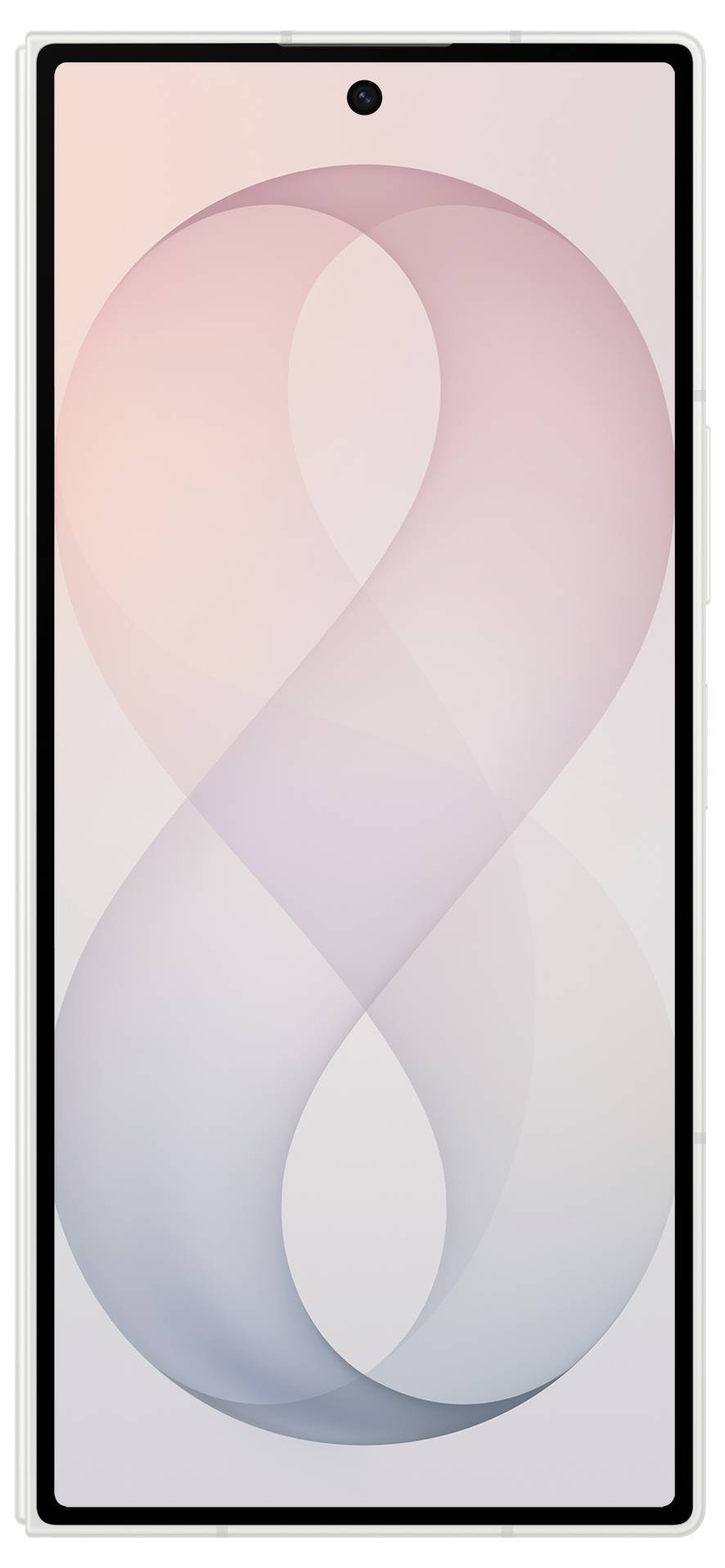 Vooraanzicht van een smartphone met een licht roze en blauw abstract lintbehang en een centraal geplaat gat-punch frontcamera.