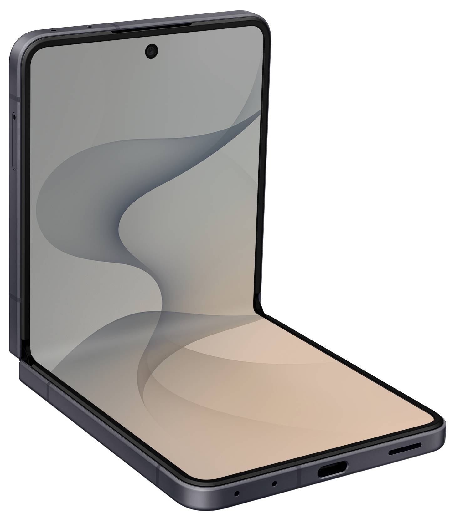 Gedeeltelijk uitgevouwen opvouwbare smartphone met een leeg abstract behang op een witte achtergrond.