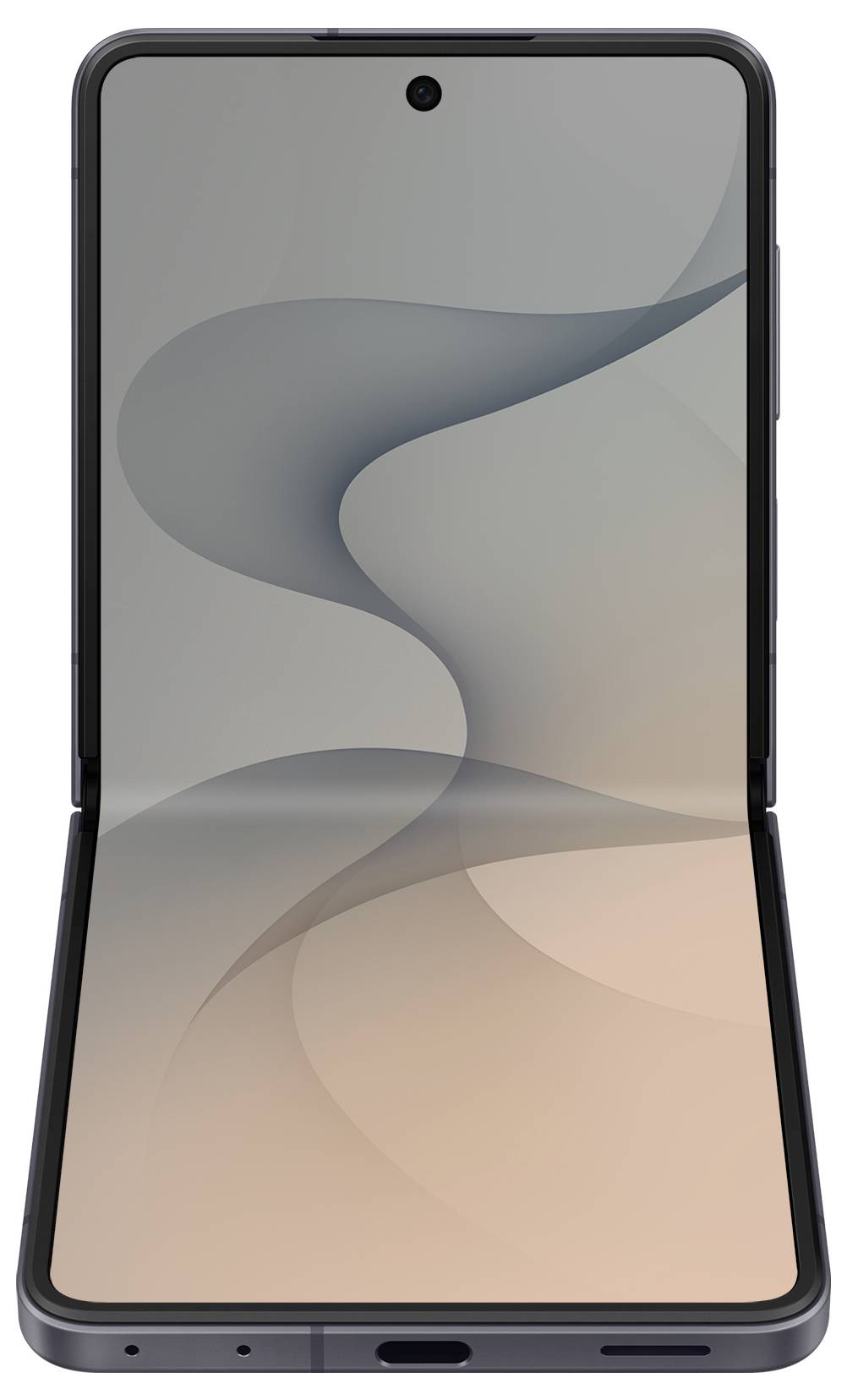 Open opvouwbare smartphone weergegeven van voren, met een abstract grijs en perzik behangpatroon.