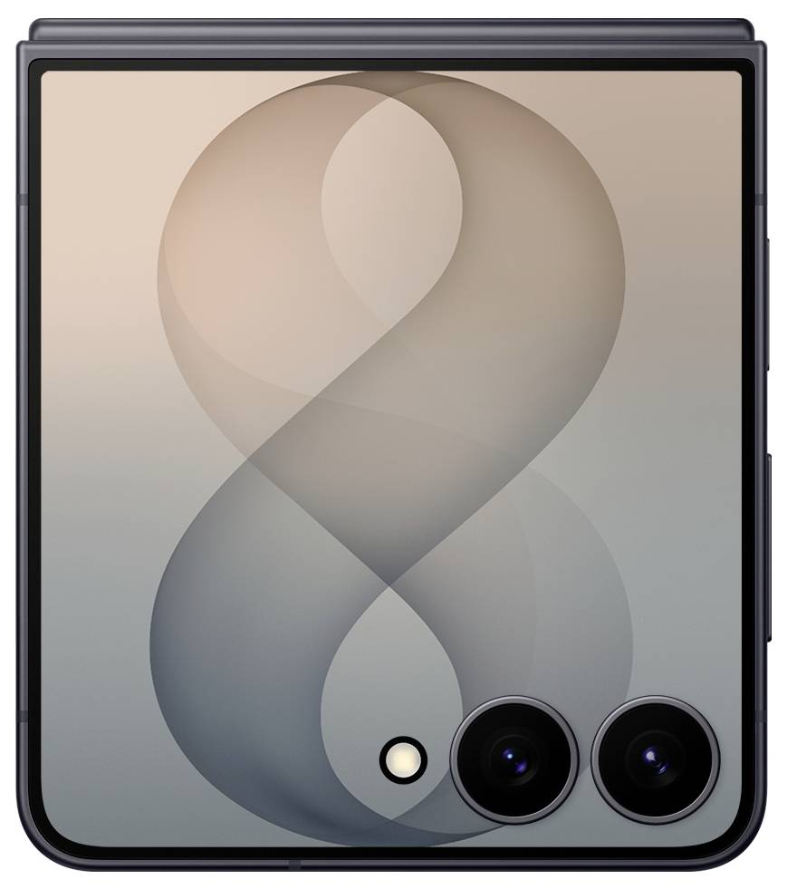 Opvouwbare smartphone dicht, met aan de achterkant een groot abstract nummer 8-ontwerp, dubbele achteracamera's en een LED-flitser.