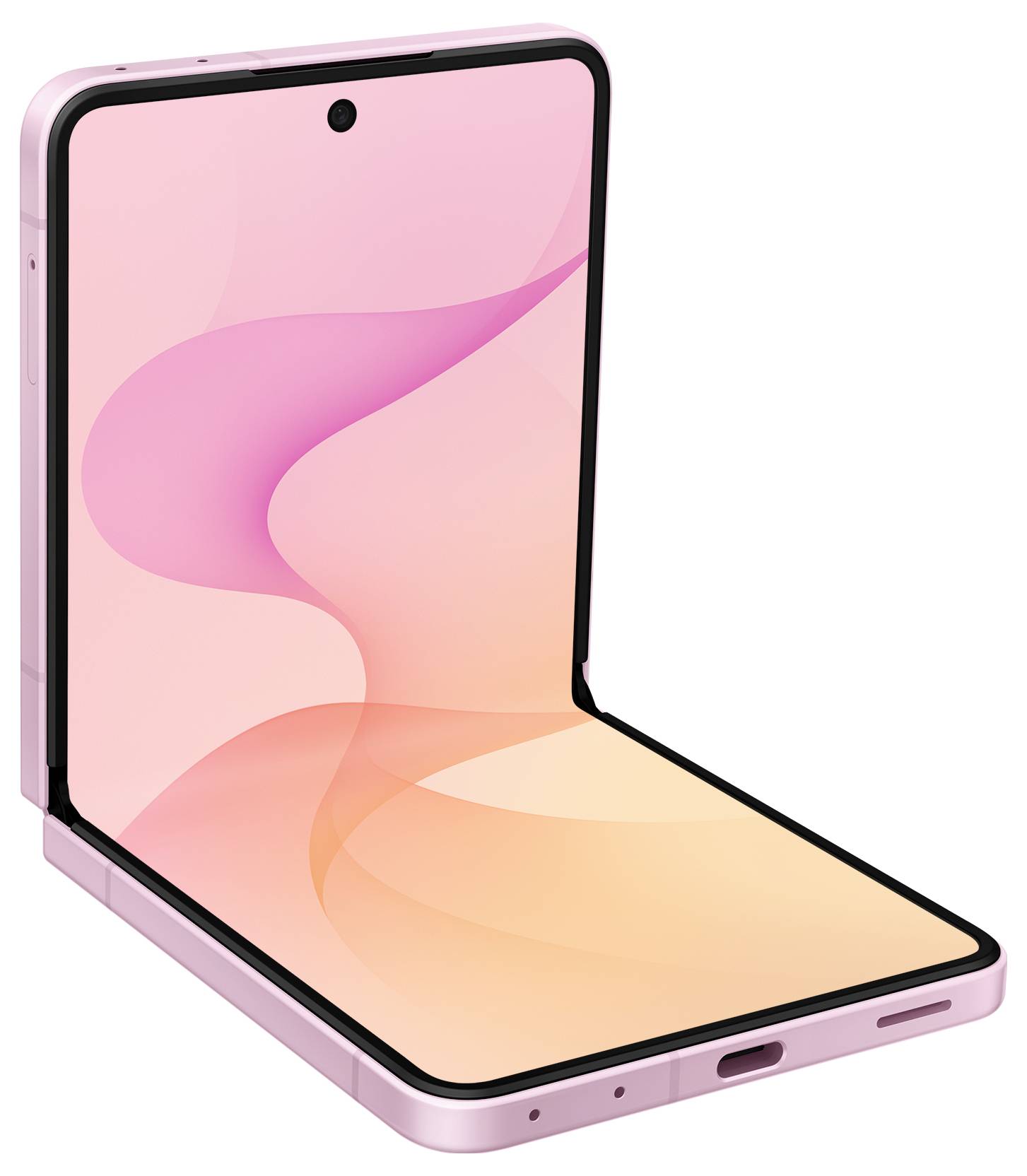 Roze opvouwbare smartphone weergegeven open onder een hoek van 90 graden, met een naadloos binnenbeeldscherm met roze en oranje abstract behang.