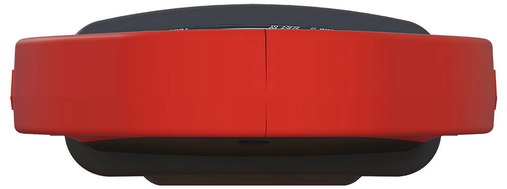 Frontaanzicht van een rood en zwart VR-headset met een brede rode vizierband en donkere basis op een witte achtergrond.