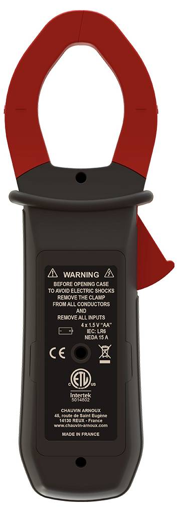 Rode stroomtangmeter met open bekken, vooraanzicht. Label waarschuwt om bedrijfsaanwijzingen vóór gebruik door te nemen, inclusief elektrische veiligheidsnormen en certificeringsmerken.