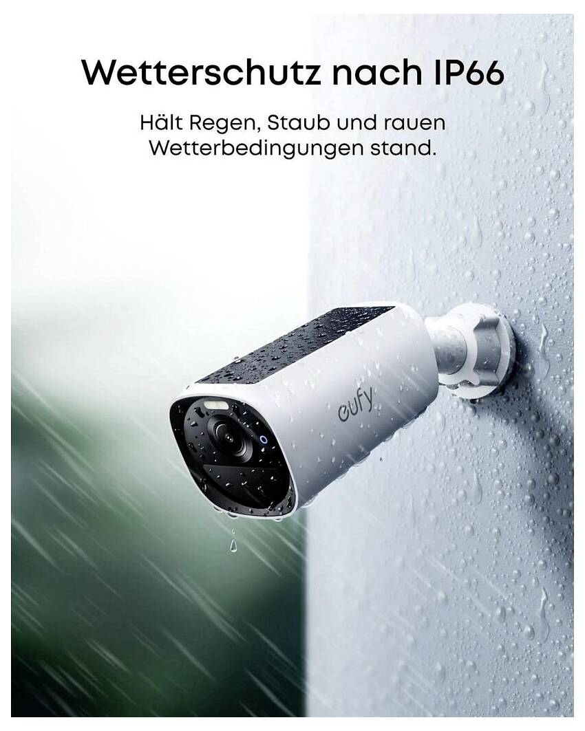 Weerbestendige IP66 beveiligingscamera gemonteerd buiten met regendruppels; tekst zegt dat het bestand is tegen regen, stof en ruw weer.