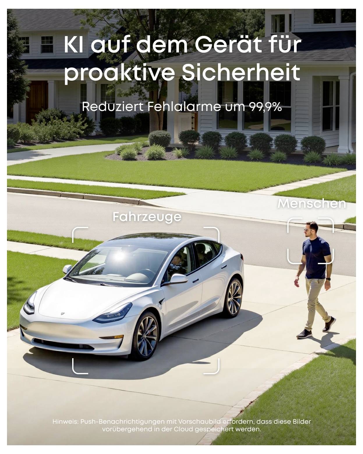 Nederlands advertentie met een Tesla-achtige auto en een voetganger met detectievakken, promotie van on-device AI voor proactieve veiligheid en 'vermindert valse alarmen met 99,9%'.