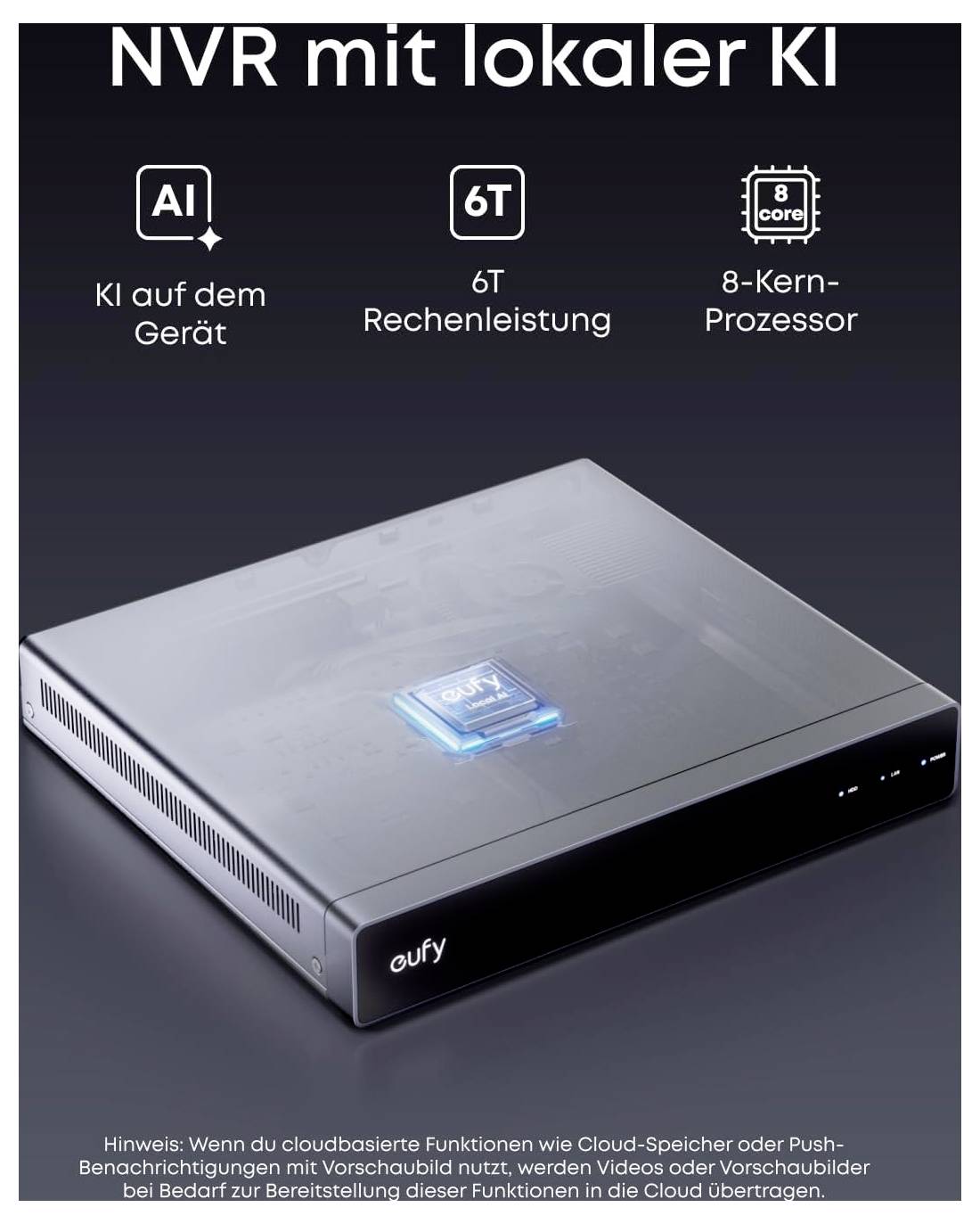 Productadvertentie voor een eufy NVR met lokale AI, toont 'AI op het apparaat', '6T rekenkracht' en '8-kernprocessor' boven het apparaat.