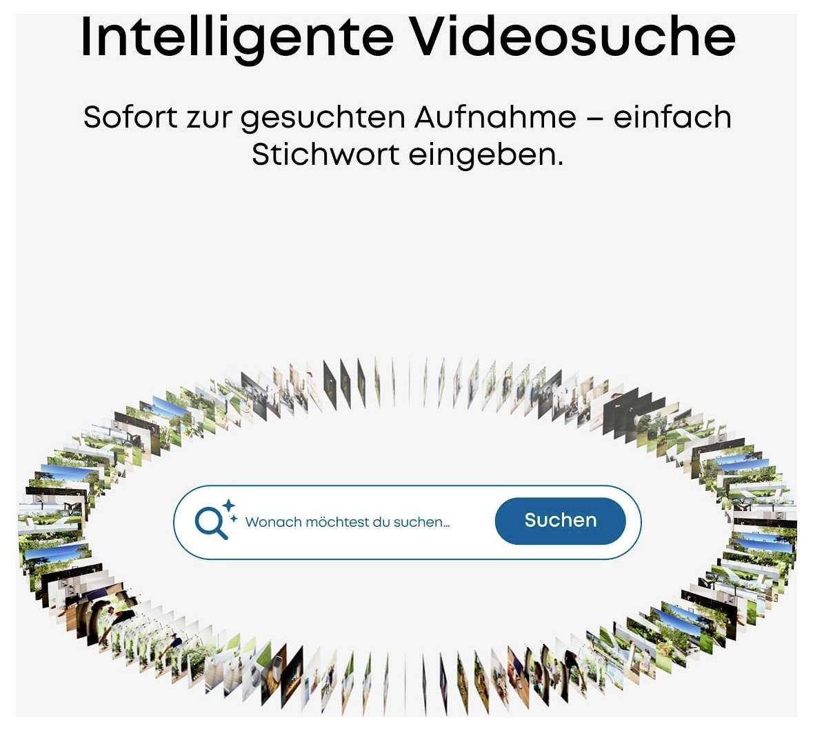 Promotionele afbeelding voor 'Intelligente Videosuche' met tekst 'Direct naar de gezochte opname – voer eenvoudig een trefwoord in' en een centrale zoekbalk met het label 'Waar wil je naar zoeken..' met een 'Zoeken' knop.