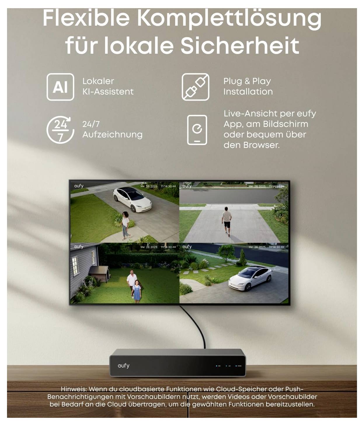 Duits beveiligingssysteem-advertentie met een lokale AI-assistent, plug-and-play-installatie, 24/7-opname en live-weergave via app, monitor of browser.