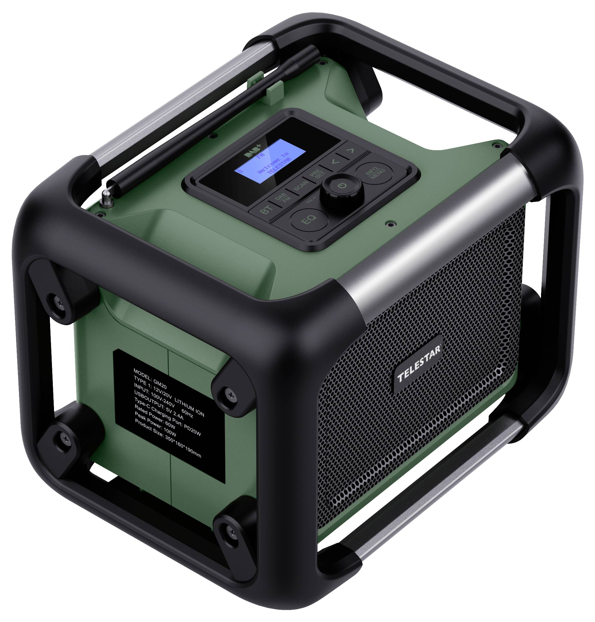 Draagbare groene Telstar-generator met zwart beschermend frame en bedieningspaneel, weergegeven op een witte achtergrond.