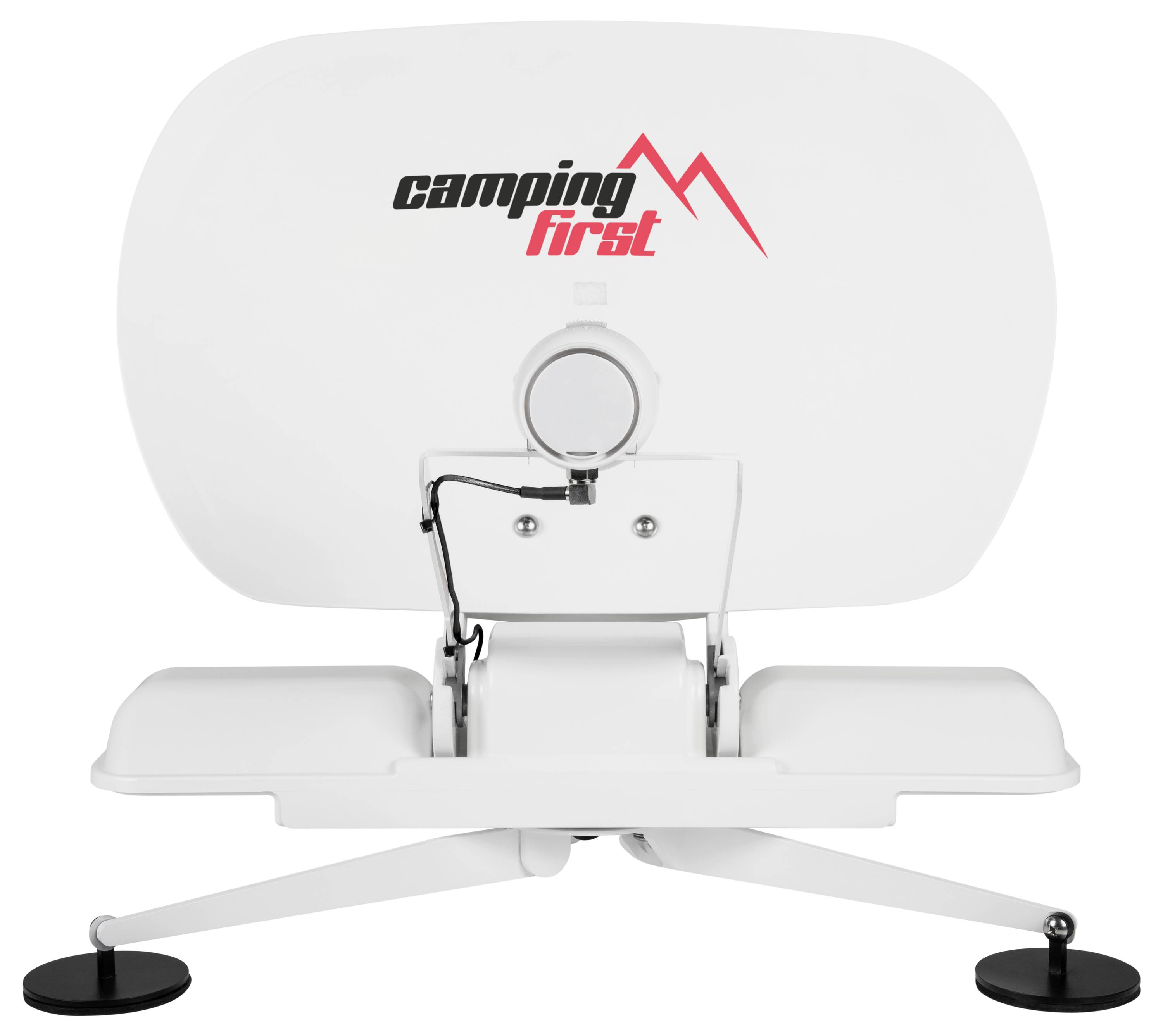 Witte Camping Eerste satelliet-TV antenneschotel met inklapbare voet en zwarte zuignappen, weergegeven in vooraanzicht op witte achtergrond.