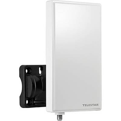 Wit Telestar buitenantennepaneel met zwart bevestigingsbeugel op een eenvoudige achtergrond.