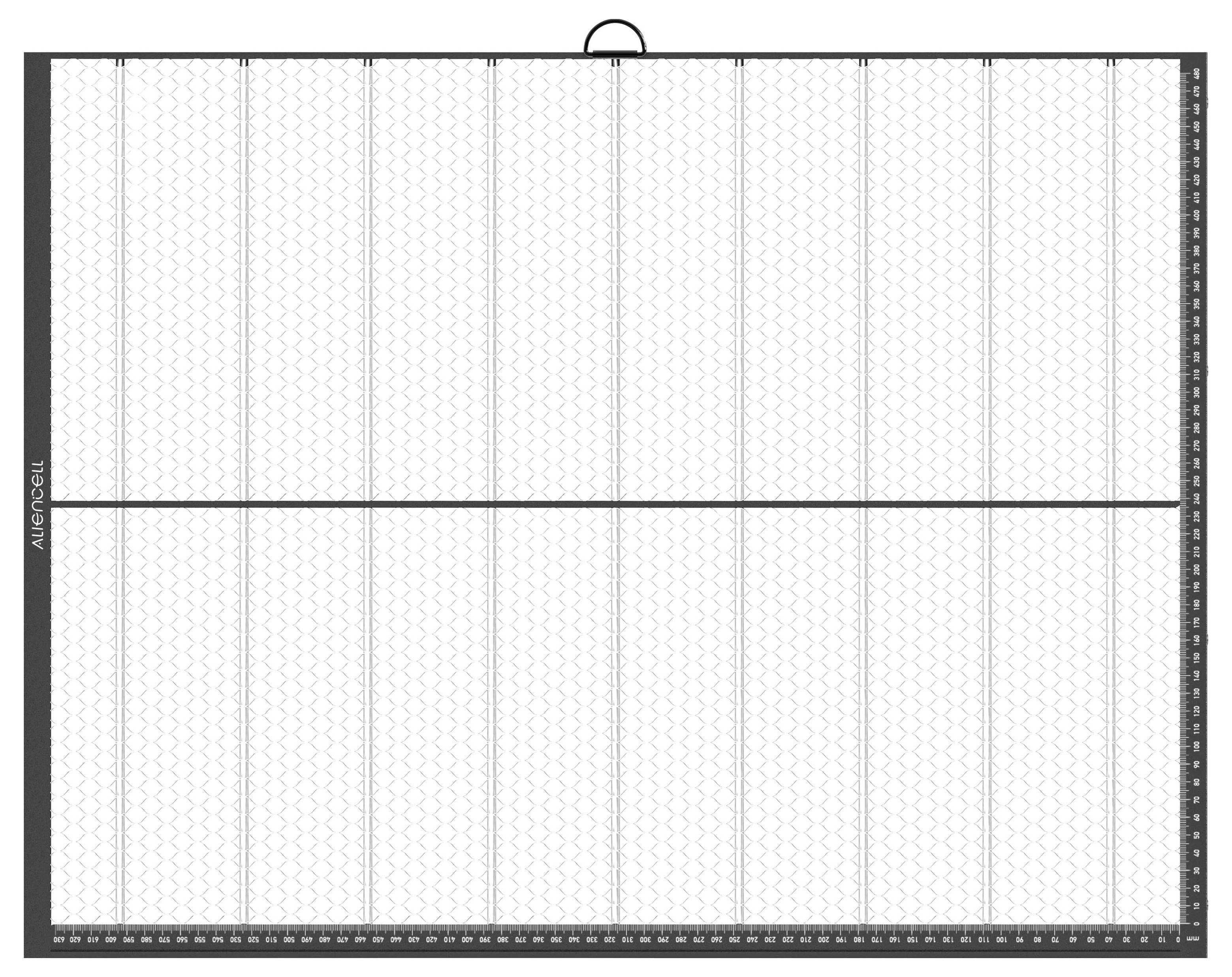 Blanco hangend presentatiebord met een bovengreep, omzoomd in zwart en gedeeld door een horizontale middellijn.