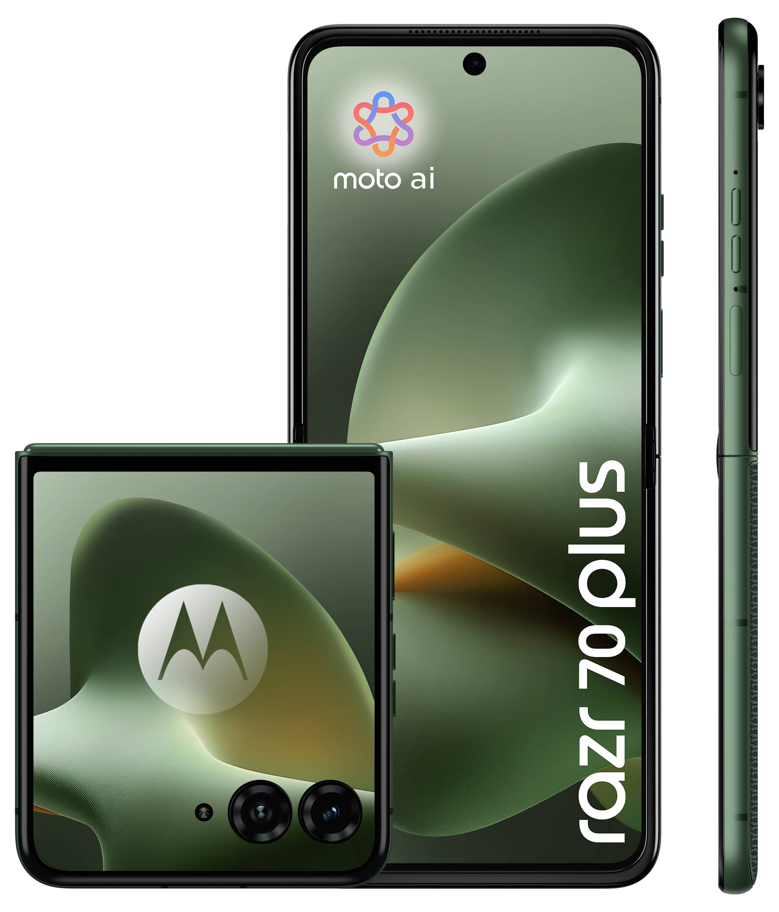 Promotionele afbeelding van de Motorola Razr 70 Plus opvouwbare telefoon in groen, weergegeven open en dicht met 'moto ai'-branding.