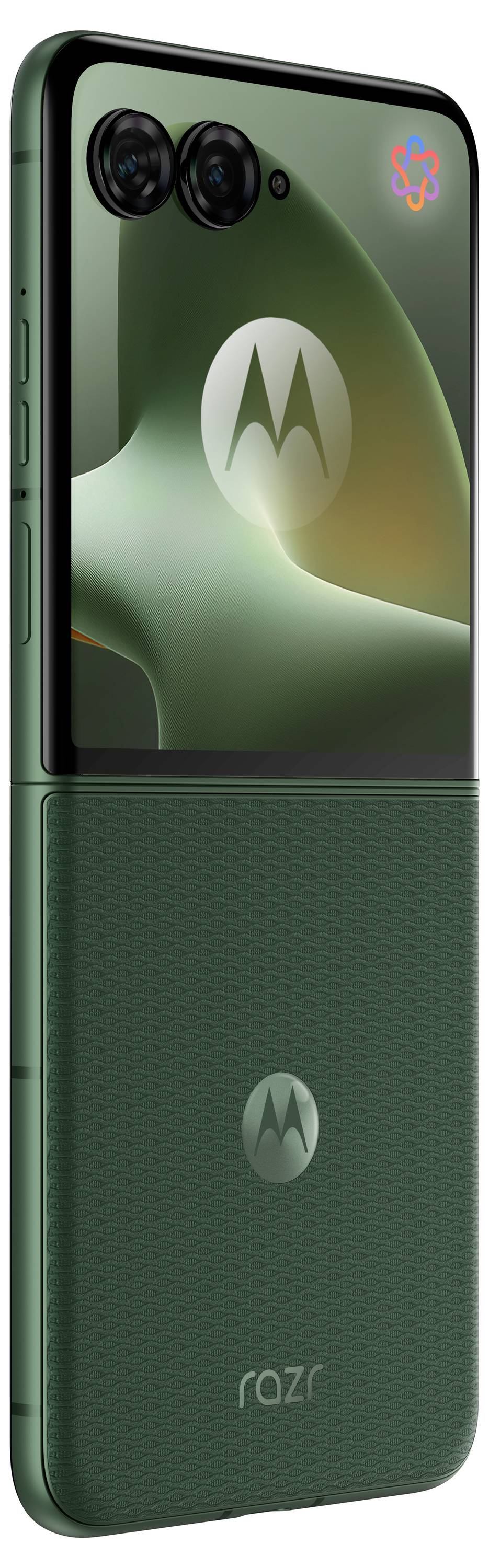 Groene Motorola Razr-opvouwbare smartphone weergegeven in open toestand, met dubbele frontcamera's en Motorola-logo op het scherm en de achterkant.