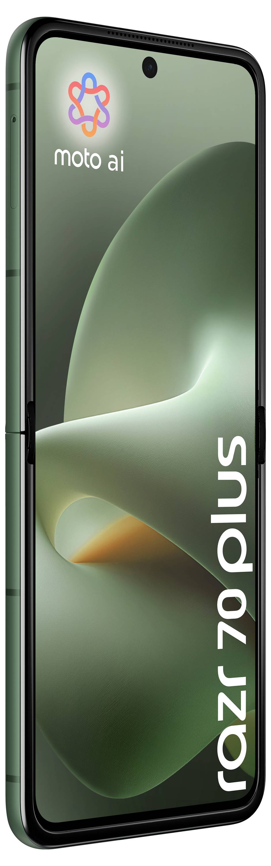 Motorola Razr 70 Plus opvouwbare smartphone weergegeven in geopende stand, groen schermwallpaper met 'moto ai' en 'razr 70 plus' branding.