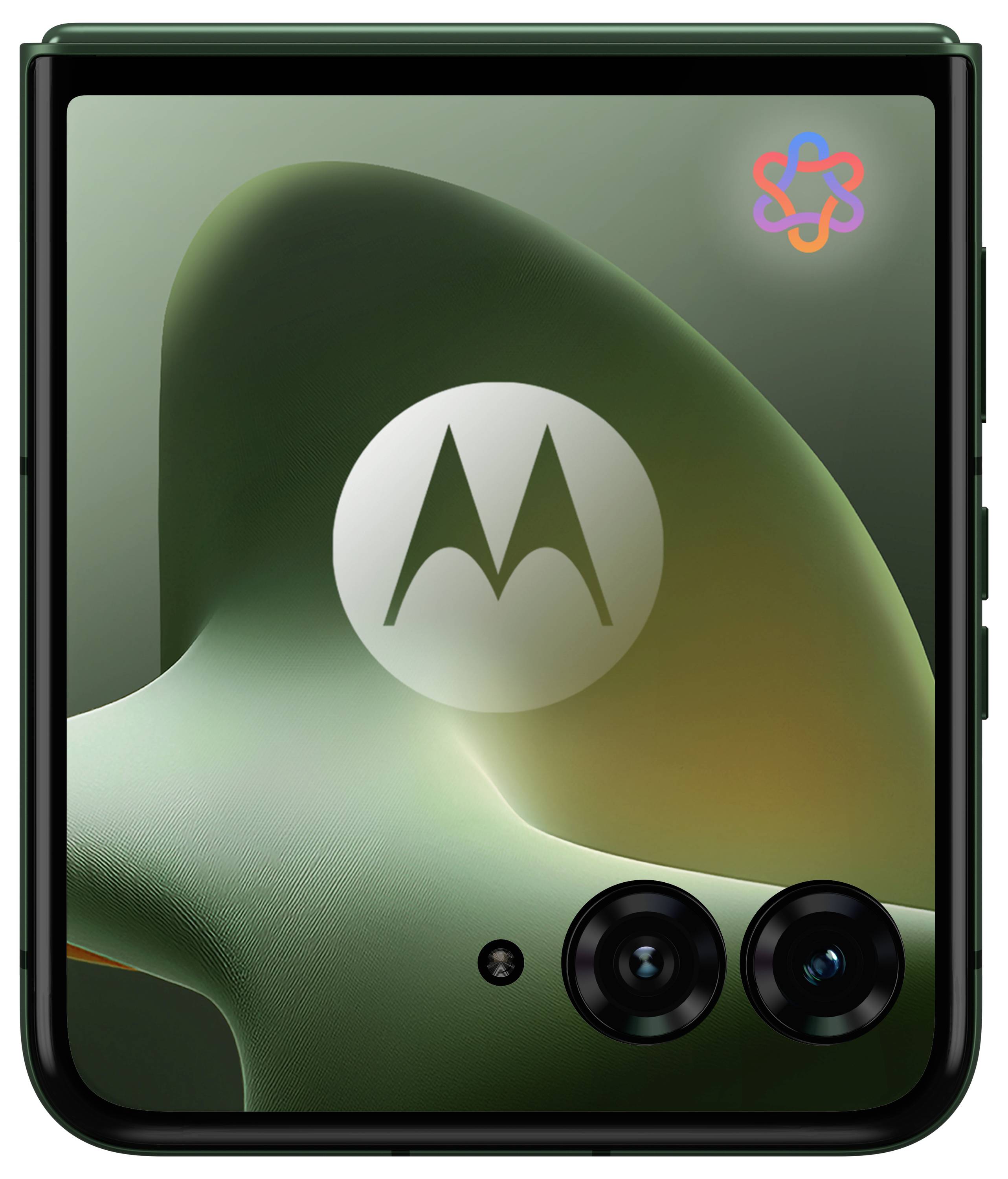 Voorkant van een opvouwbare Motorola-smartphone met groen abstract behang en dual camera's aan de achterkant zichtbaar op de onderste helft.
