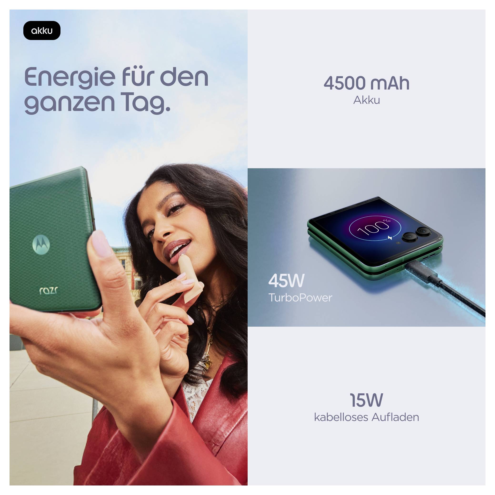 Motorola batterij-advertentie met een vrouw die een telefoon gebruikt, met tekst 'Energie voor de hele dag', '4500 mAh batterij', '45W TurboPower', en '15W draadloos opladen'.