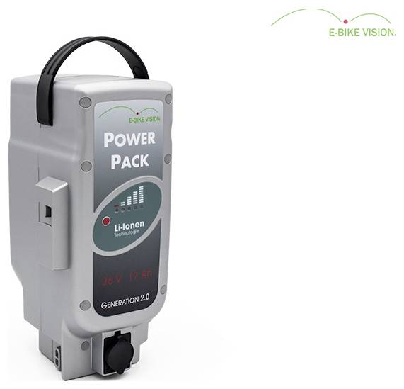 E-bike-accupak gelabeld 'POWER PACK' met handvat en 'Li-ionentechnologie', aangemerkt met 36 V 17 Ah en 'GENERATIE 2.0'.