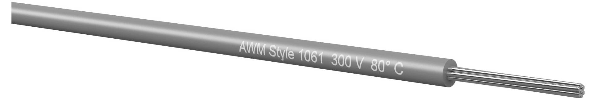 Close-up van een grijze elektrische kabel gemarkeerd met 'AWM Style 1061 300 V 80 C', met blootgestelde zilveren geleiders die aan één uiteinde uitsteken.