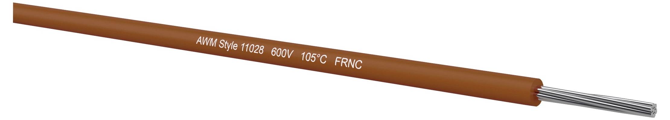 Bruin geïsoleerde elektrische draad met blootgestelde zilveren geleiders aan één uiteinde, gelabeld AIM Style 11028 600V 105C FRNC.