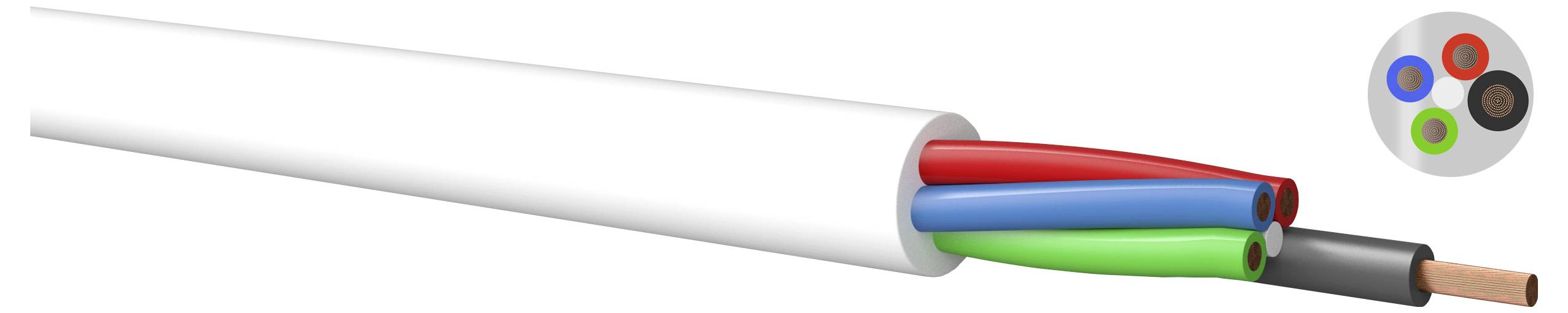 Doorsnede van een witte kabel met vier binnendraden: rood, blauw, groen en zwart met blootgestelde koperen uiteinden.