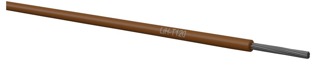 Bruin geïsoleerde elektrische kabel met een gestreepte grijze draaduit, weergegeven op een witte achtergrond.