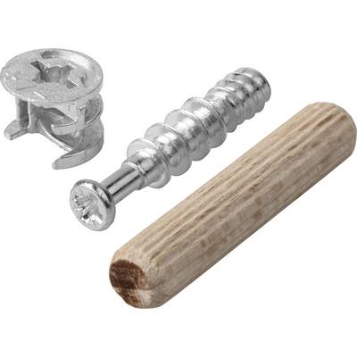 Houten deuvel, metalen schroef, en meubel-nockslot voor het samenstellen van vlakpak-meubels.