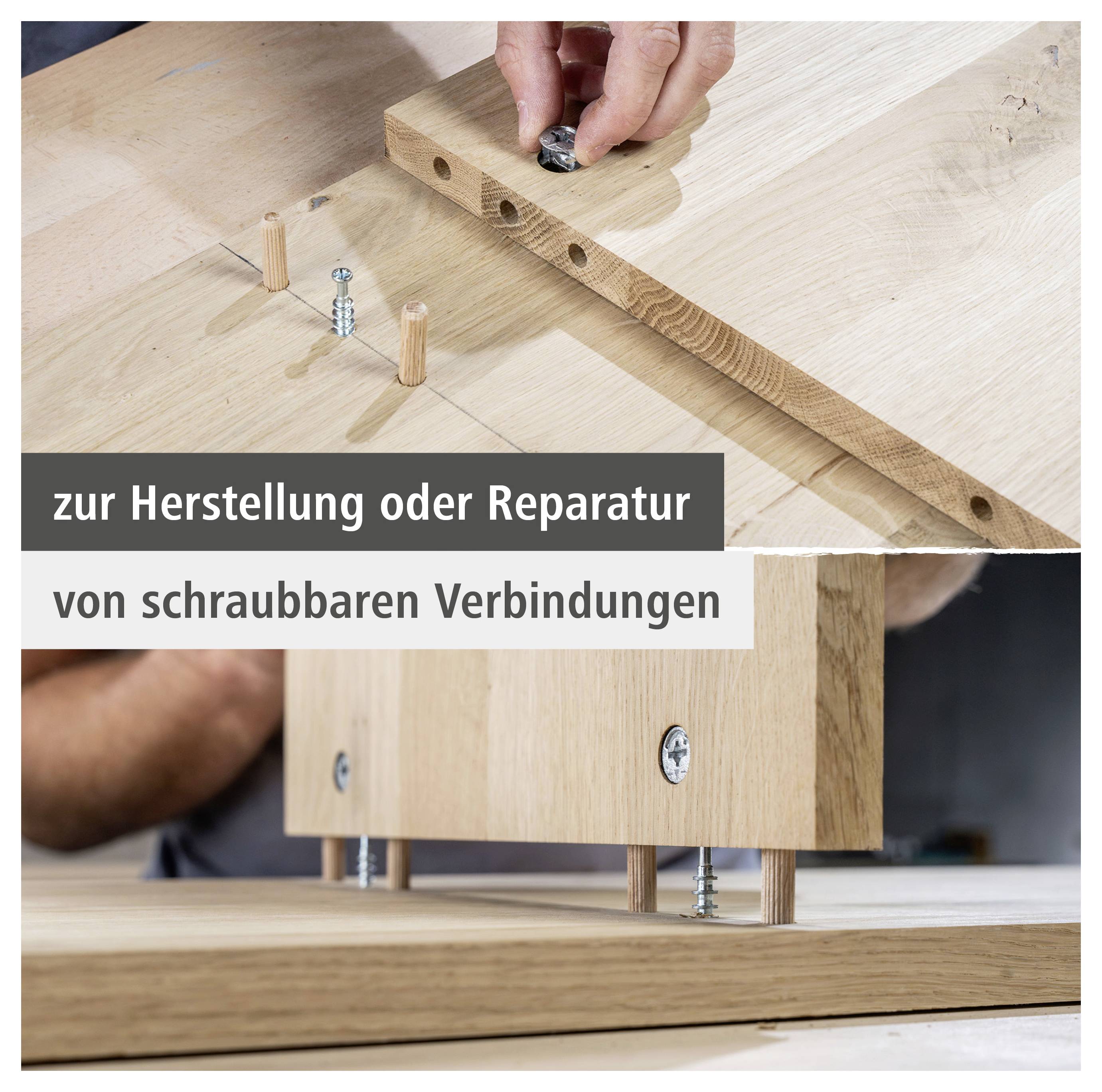 Houtbewerking close-up met handen die een houten verbinding met houten pennen en schroeven samenstellen; Duitse tekst luidt 'voor de vervaardiging of reparatie van schroefbare verbindingen'
