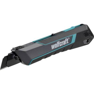 Black Wolfcraft-zakmes met uitschuifbaar blad en tealkleurige accenten op witte achtergrond.