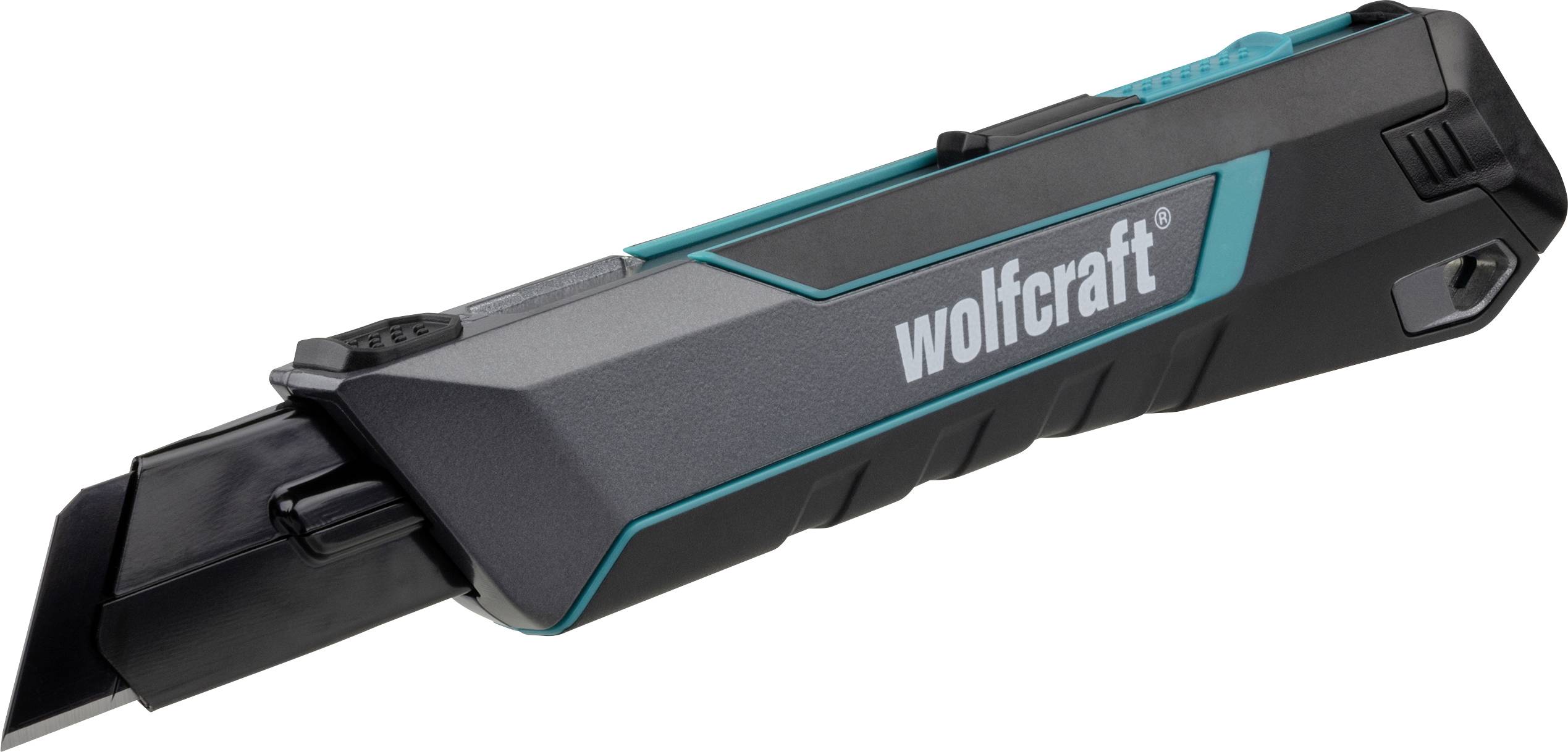 Zwart Wolfcraft gebruiksmesje met een inschuifbaar blad, weergegeven in zijaanzicht op een witte achtergrond.
