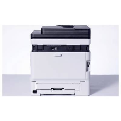 Vooraanzicht van een compacte kantoorprinter met papierbak en bedieningspaneel, weergegeven tegen een eenvoudige lichte achtergrond.