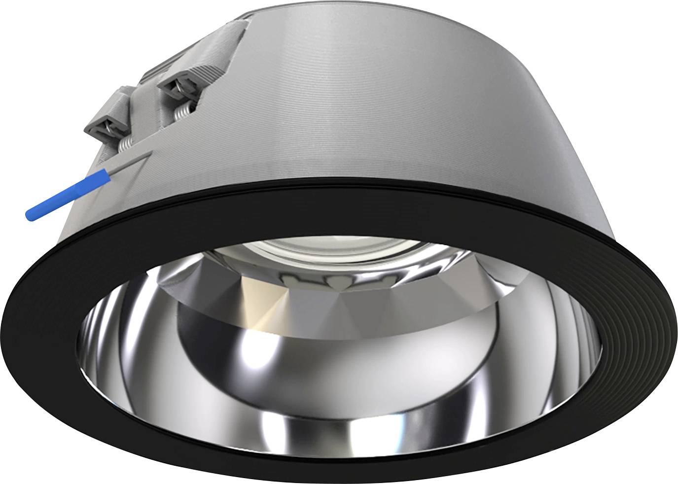 Inbouwspot voor plafond met ronde vorm, zilveren behuizing, zwarte rand en reflecterende binnenkant, weergegeven van onderen af.