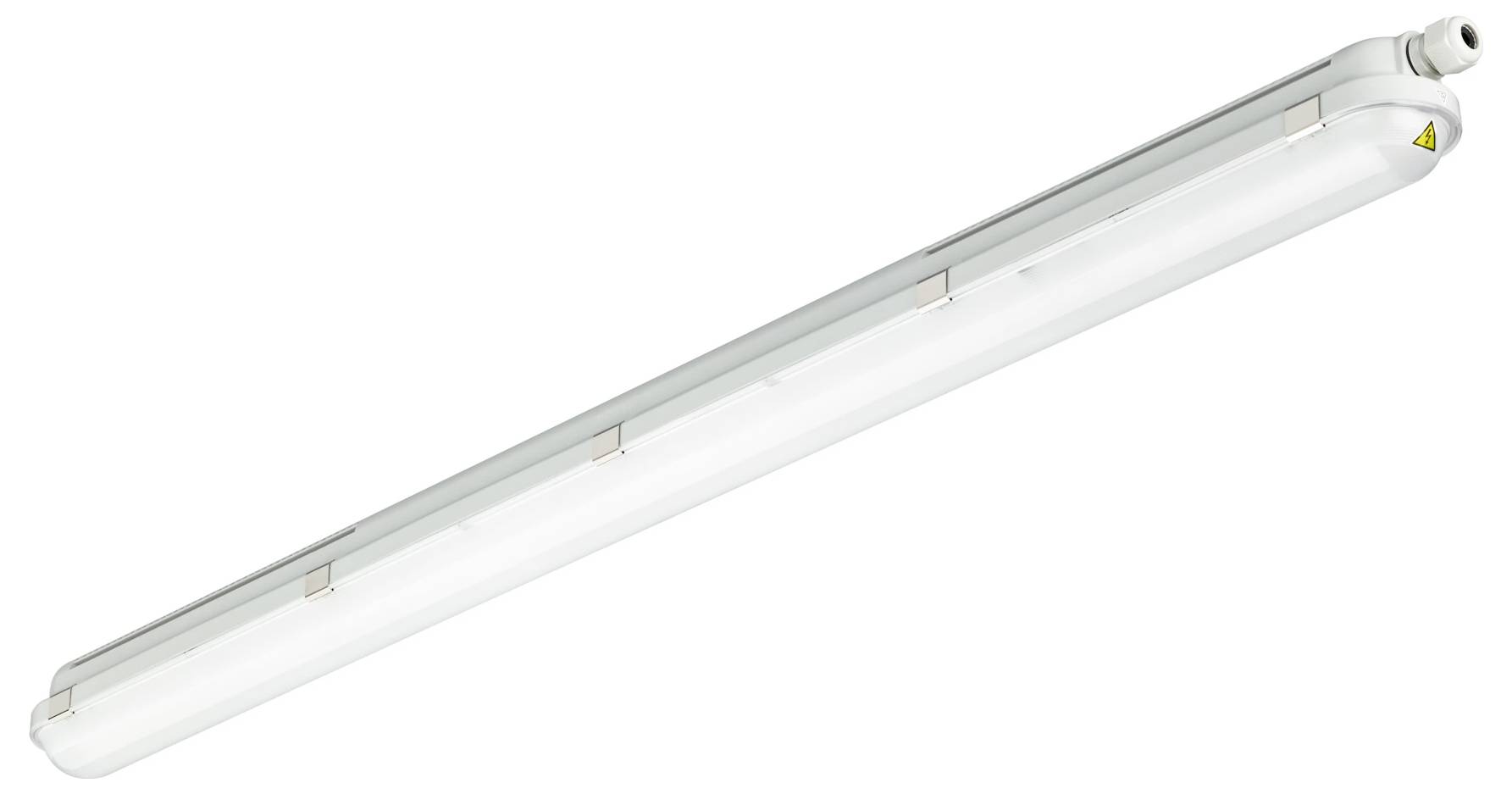 Een lange witte fluorescentiebuisverlichtingsarmatuur met een doorschijnende afdeking, weergegeven op een effen achtergrond.
