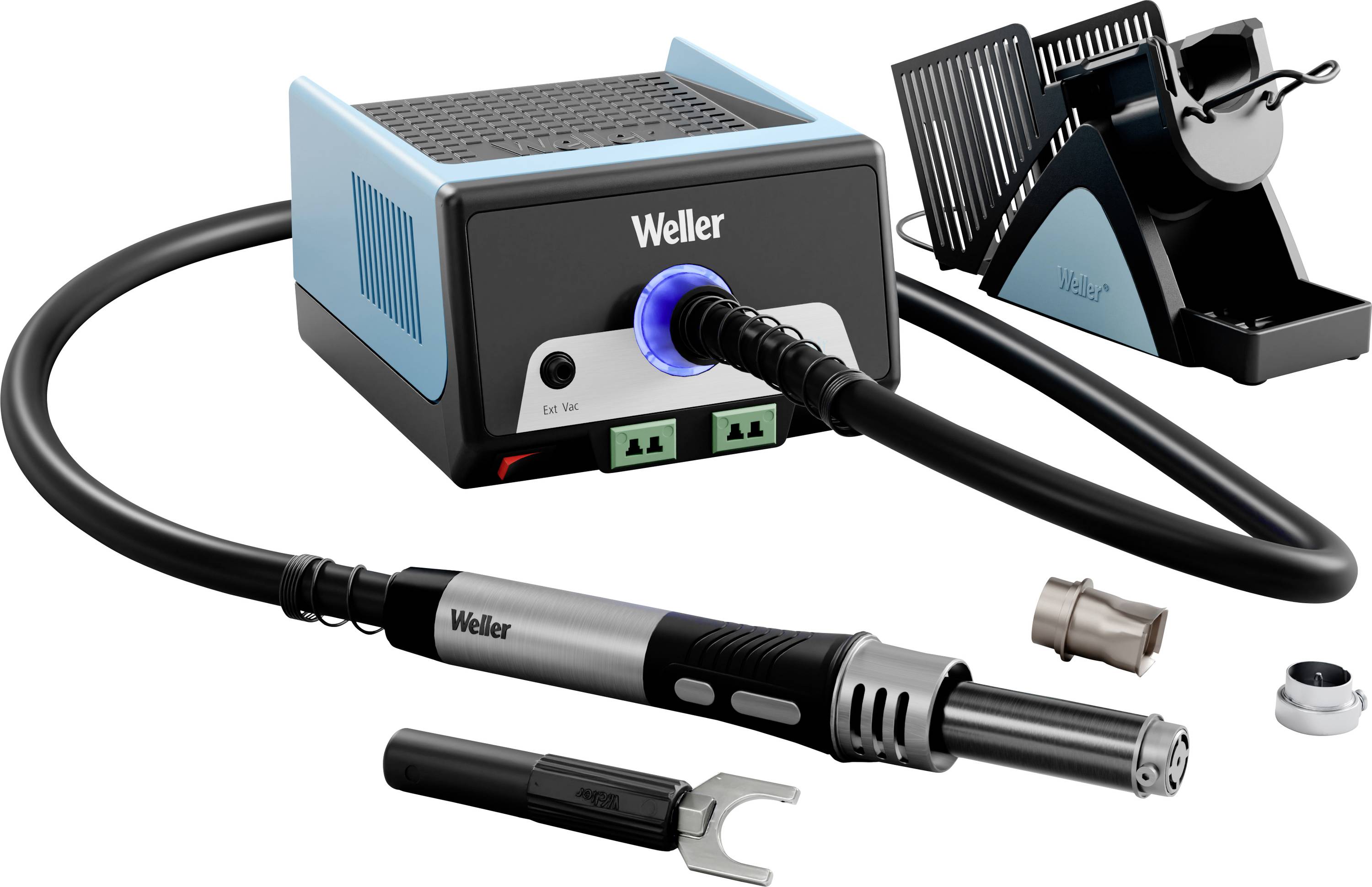 Weller-soldeerstations met soldeerbout, heteluchtpistool, voedingsbasis en standaardaccessoires op een witte achtergrond.