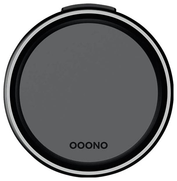 Rond zwart Ooono-apparaat met een blank grijs centrum en een klein logo onderaan.