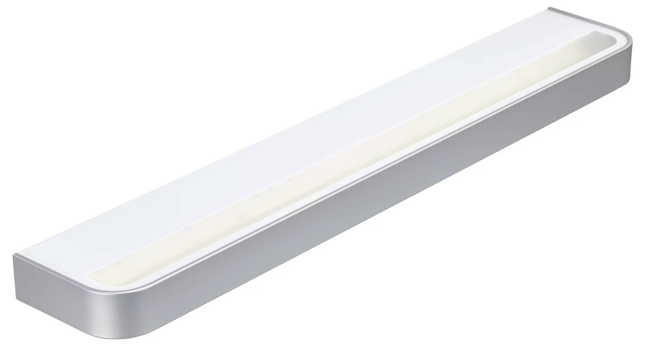 Slanke rechthoekige LED-wandlamparmatuur met witte diffuser en zilvergrijs behuizing, getoond op een effen witte achtergrond.