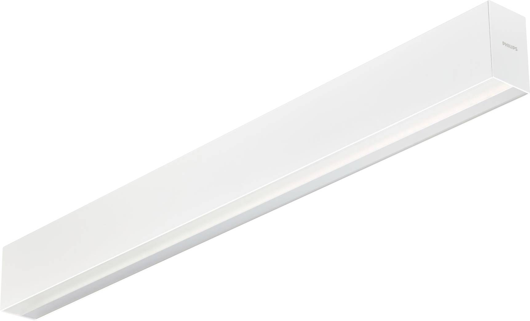 Lange witte rechthoekige LED-verlichtingsarmatuur onder een hoek op een effen achtergrond gemonteerd.
