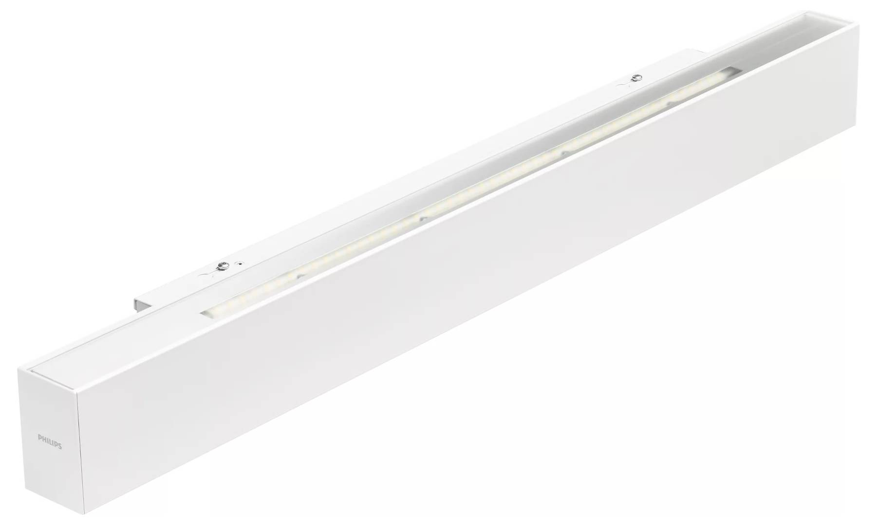 Slanke witte lineaire LED-verlichtingsarmatuur weergegeven in perspectief op een witte achtergrond.
