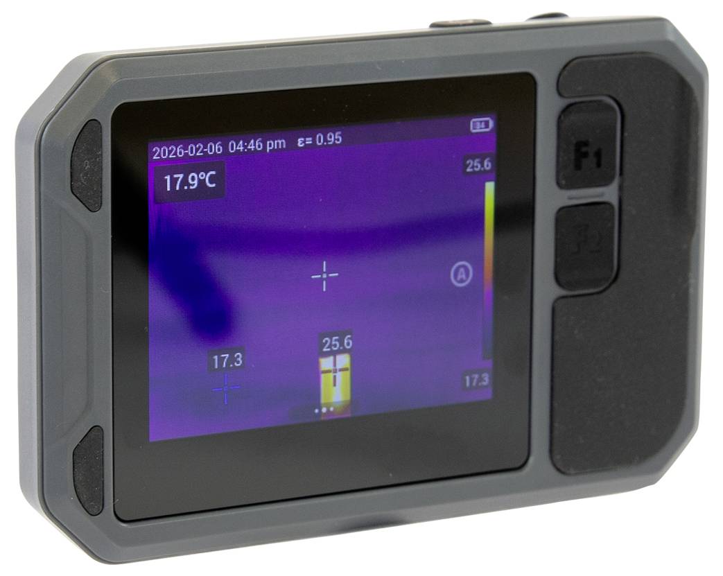 Draagbare thermische camera met een paarse warmtekaart met doelmarkeringen en temperatuurwaarden rond de 17,9°C tot 25,6°C.