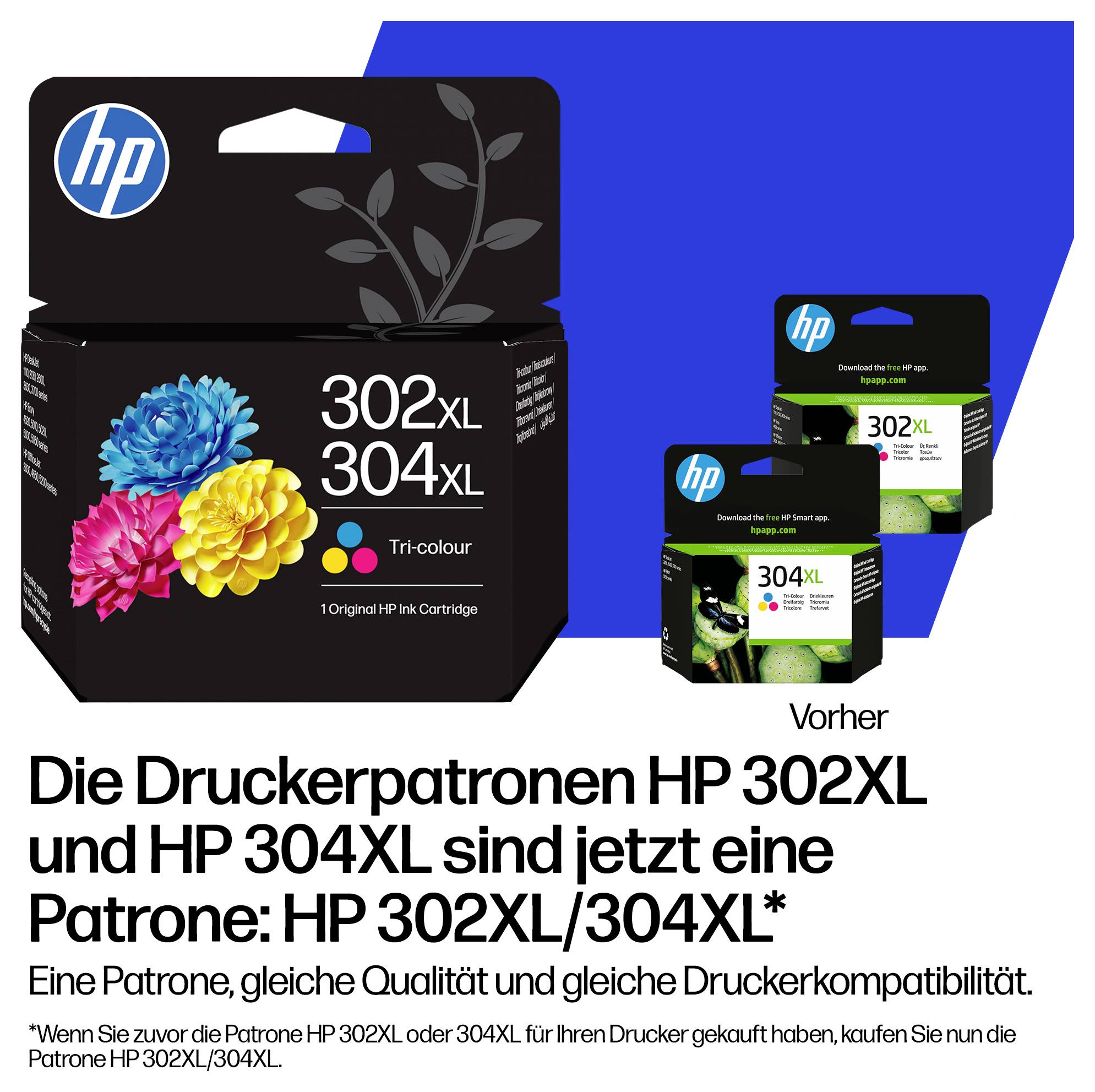 # HP inktpatroonverpakking met 302XL/304XL samengevoegd in één compatibele patroon, met kleinere "voor" afbeeldingen van afzonderlijke 302XL en 304XL doosjes en Duitse promotionstekst.