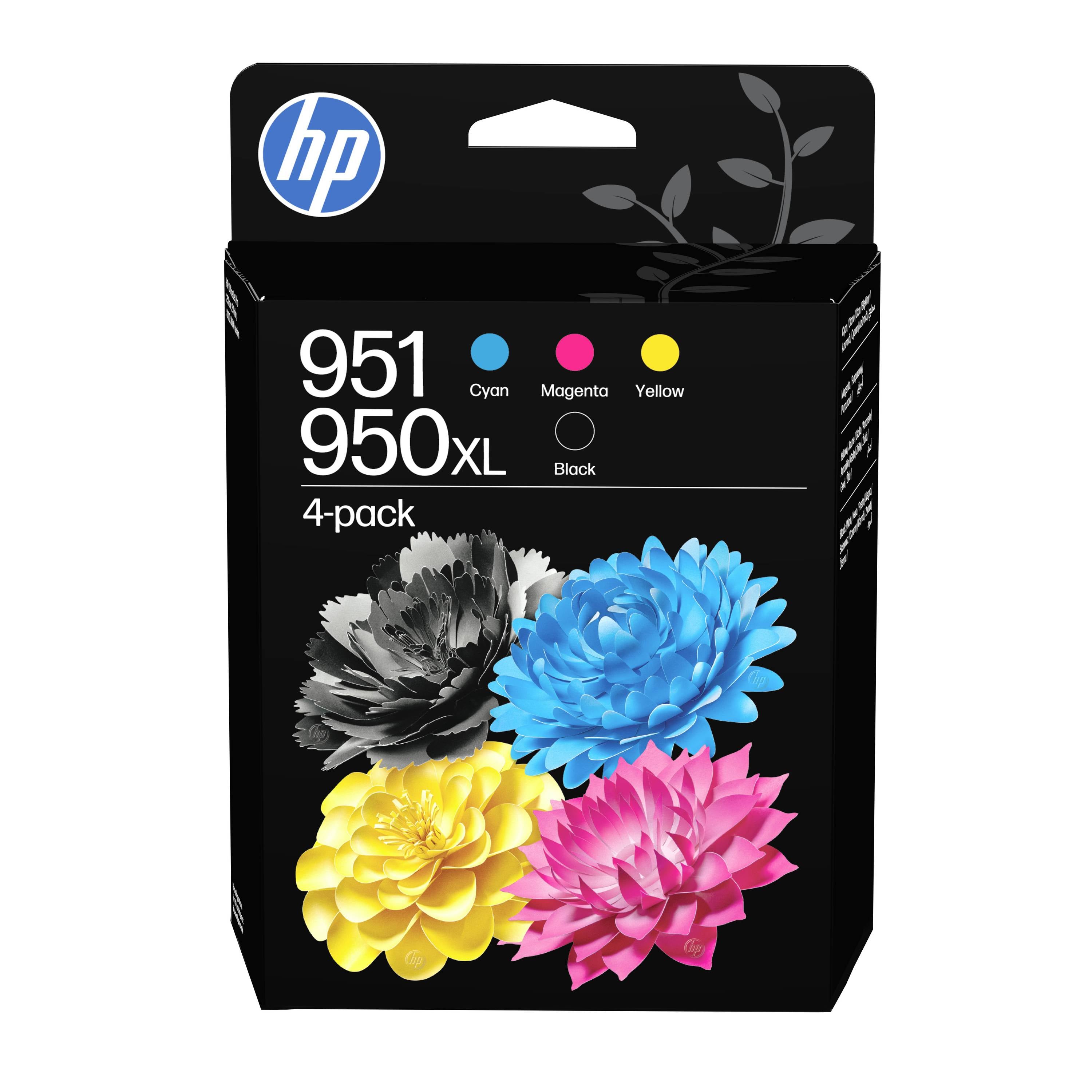 HP printerinktpatroonverpakking voor 951/950XL 4-pack in cyaan, magenta, geel en zwart.